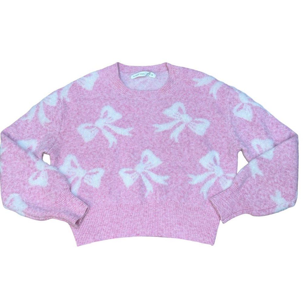 ✨ Altar’d State Pink & White Bow Cropped Sweater XS Cozy‎ Feminine Chic